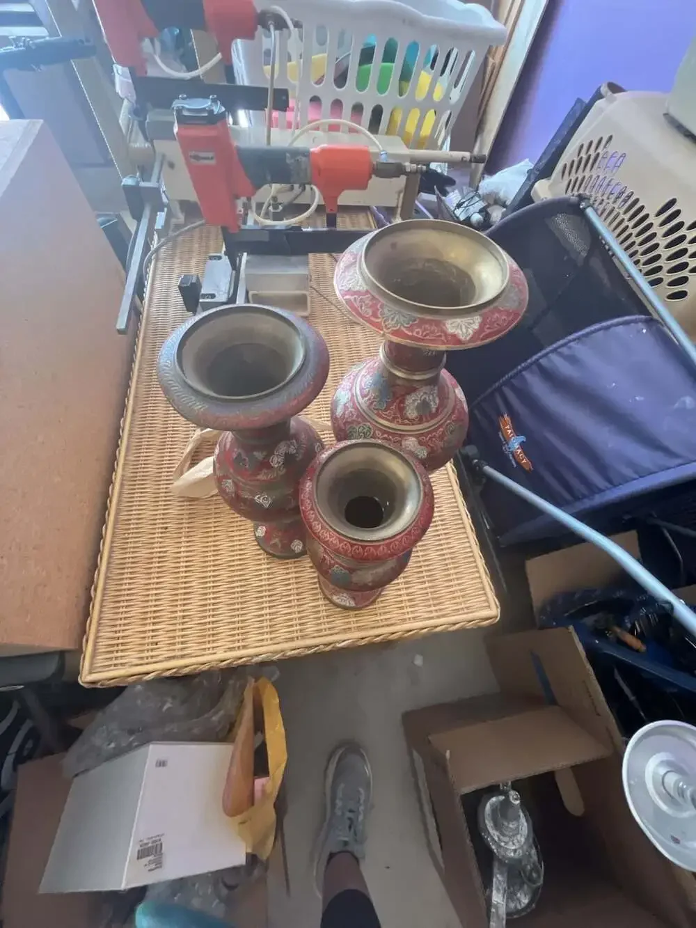 Set of 3 Vintage Indian  Hand-Painted Enamel and Brass Floral Vases